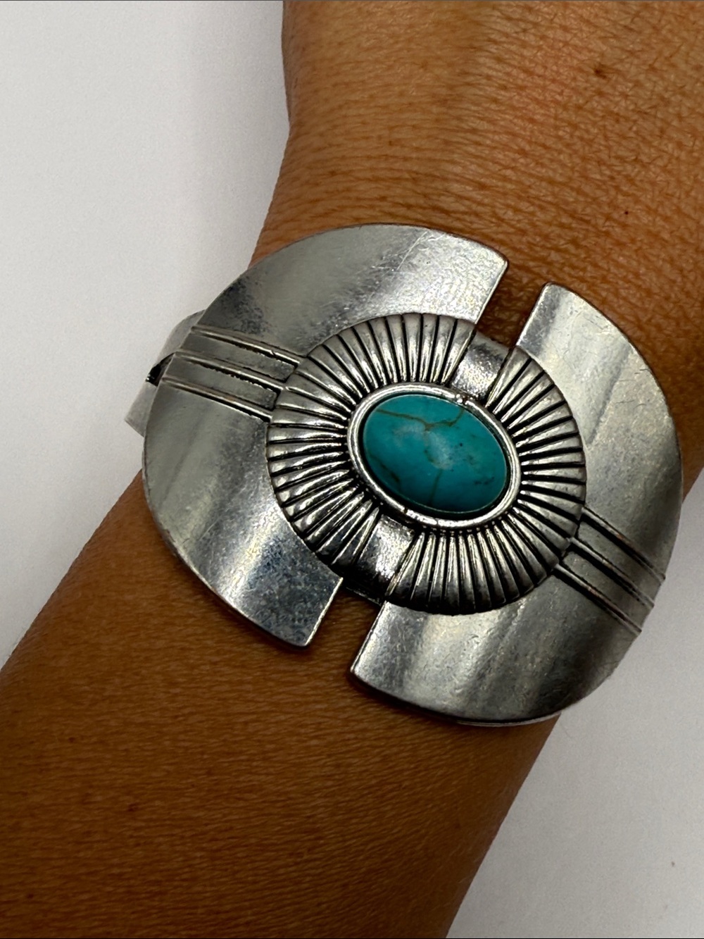 Vintage Southwestern Silver Tone Turquoise Blue Large Cuff Statement Bracelet